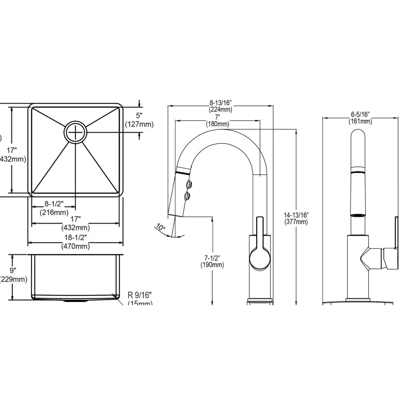 Elkay Crosstown 19" Undermount Stainless Steel Kitchen Sink with Faucet, Polished Satin, 18 Gauge, ECTRU17179TFCBC