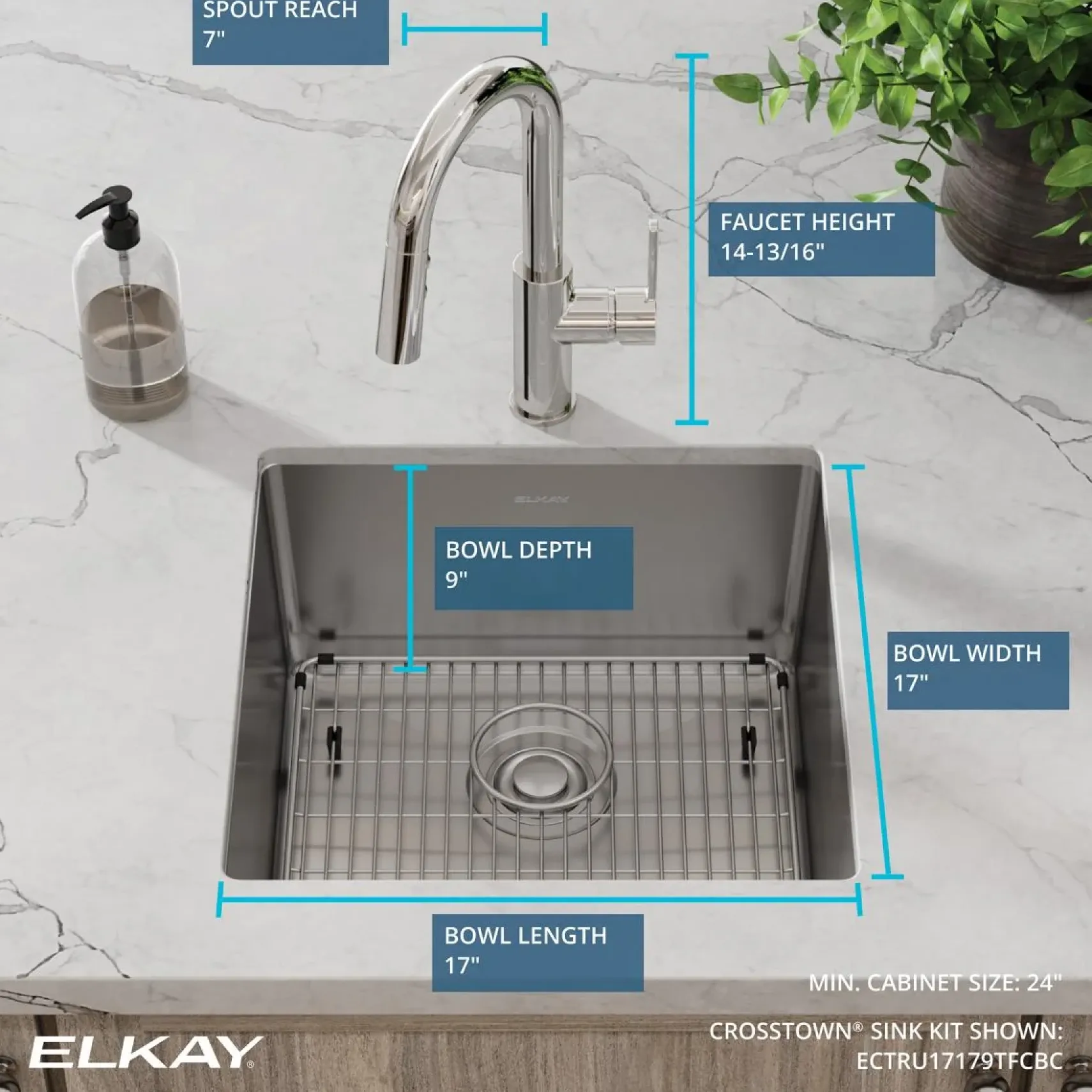Elkay Crosstown 19" Undermount Stainless Steel Kitchen Sink with Faucet, Polished Satin, 18 Gauge, ECTRU17179TFCBC