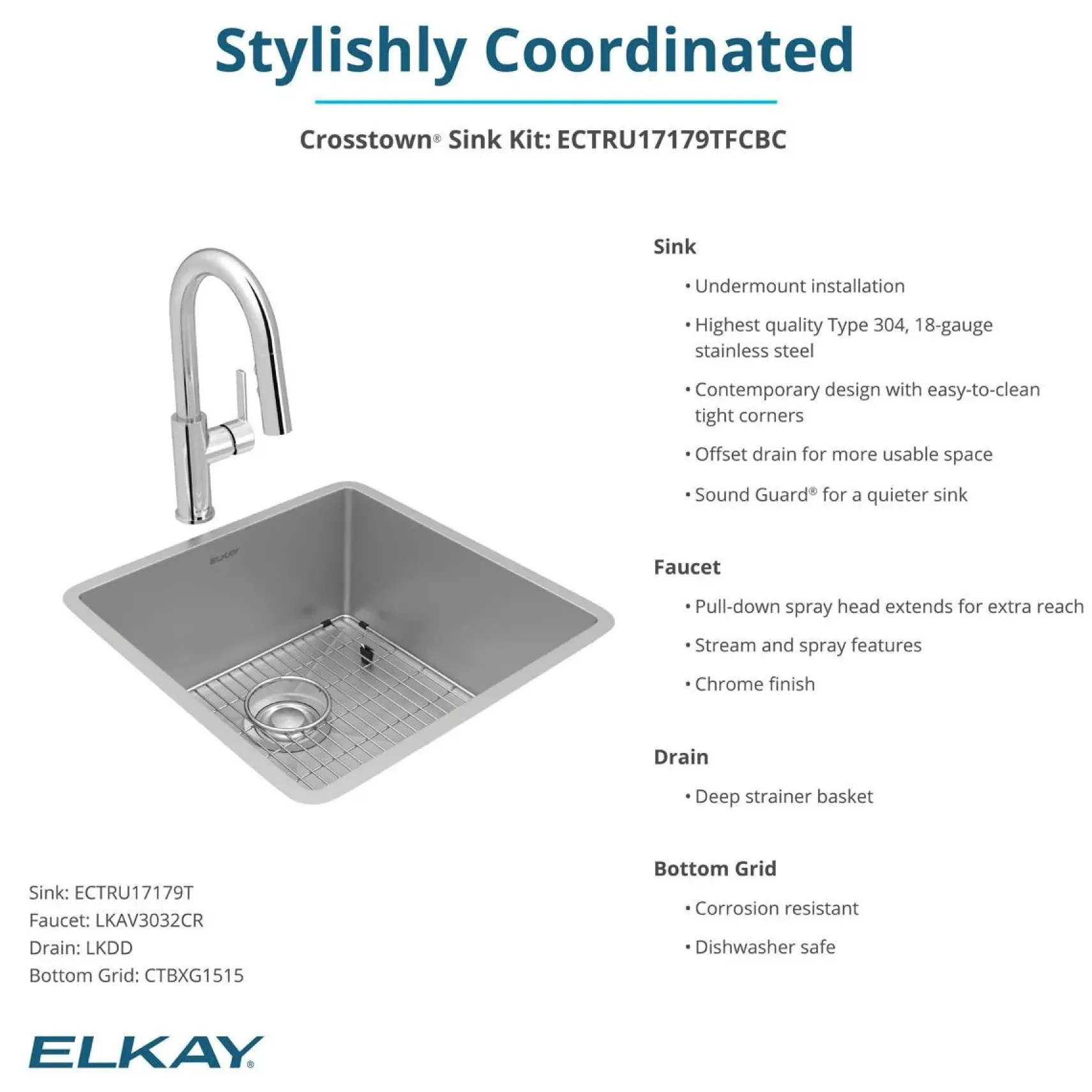 Elkay Crosstown 19" Undermount Stainless Steel Kitchen Sink with Faucet, Polished Satin, 18 Gauge, ECTRU17179TFCBC