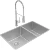 Elkay Crosstown 32" Undermount Stainless Steel Kitchen Sink with Faucet, 60/40 Double Bowl, Polished Satin, 18 Gauge, ECTRU32179RTFCC