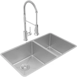Elkay Crosstown 32" Undermount Stainless Steel Kitchen Sink with Faucet, 60/40 Double Bowl, Polished Satin, 18 Gauge, ECTRU32179RTFCC