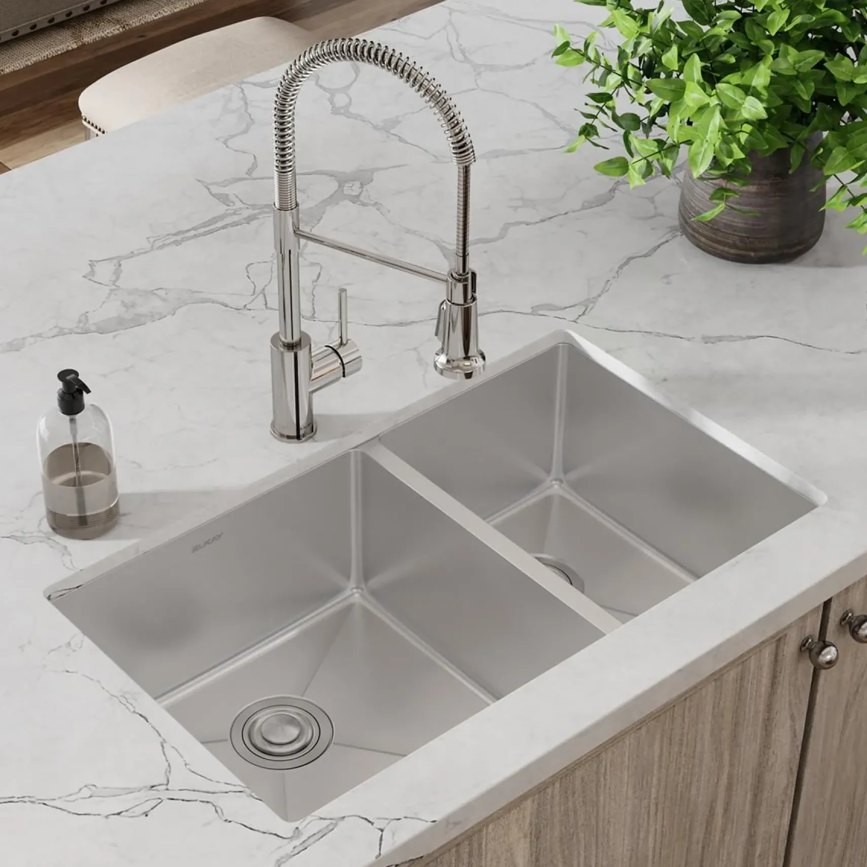 Elkay Crosstown 32" Undermount Stainless Steel Kitchen Sink with Faucet, 60/40 Double Bowl, Polished Satin, 18 Gauge, ECTRU32179RTFCC