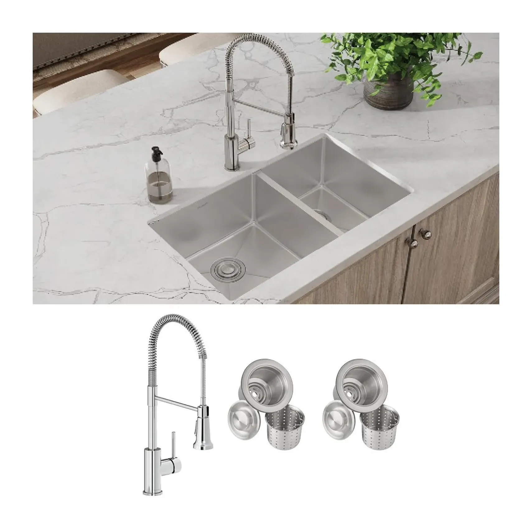 Elkay Crosstown 32" Undermount Stainless Steel Kitchen Sink with Faucet, 60/40 Double Bowl, Polished Satin, 18 Gauge, ECTRU32179RTFCC