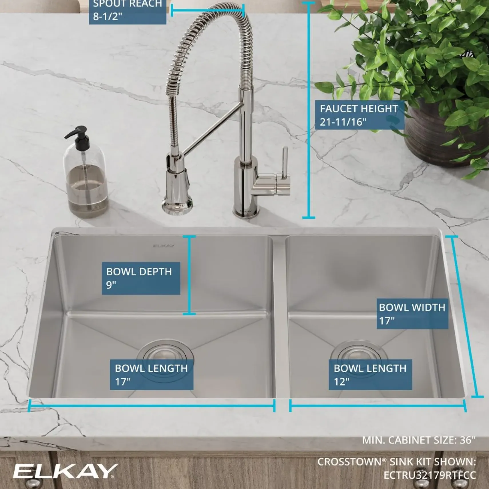 Elkay Crosstown 32" Undermount Stainless Steel Kitchen Sink with Faucet, 60/40 Double Bowl, Polished Satin, 18 Gauge, ECTRU32179RTFCC