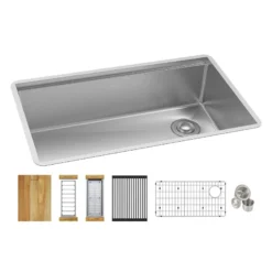 Elkay Crosstown 32" Undermount Stainless Steel Workstation Kitchen Sink Kit with Accessories, Single Bowl, Polished Satin, 18 Gauge, ECTRU30169RTWC