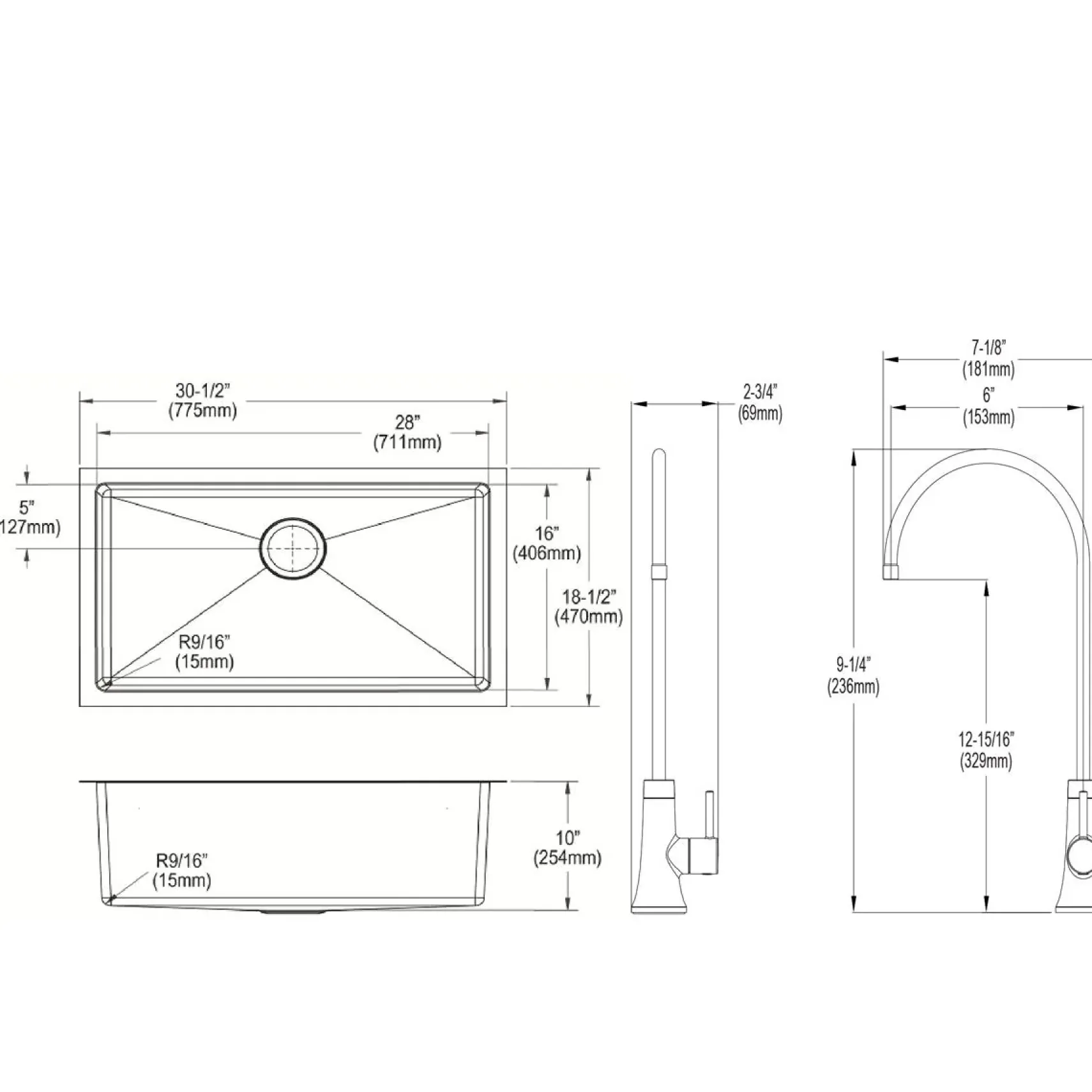 Elkay Crosstown 31" Undermount Stainless Steel Kitchen Sink Kit with Faucet, 16 Gauge, EFRU281610TFG