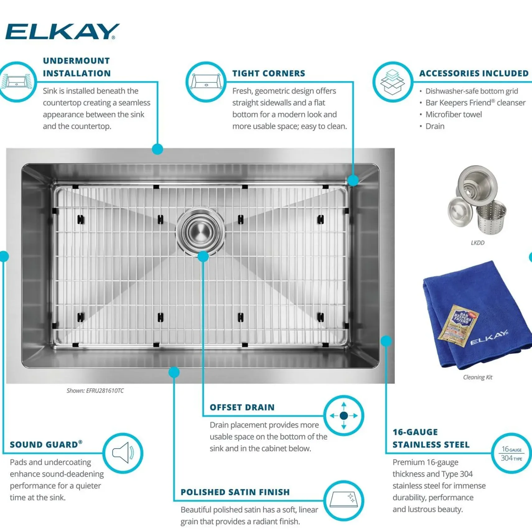 Elkay Crosstown 31" Undermount Stainless Steel Kitchen Sink Kit with Faucet, 16 Gauge, EFRU281610TFG