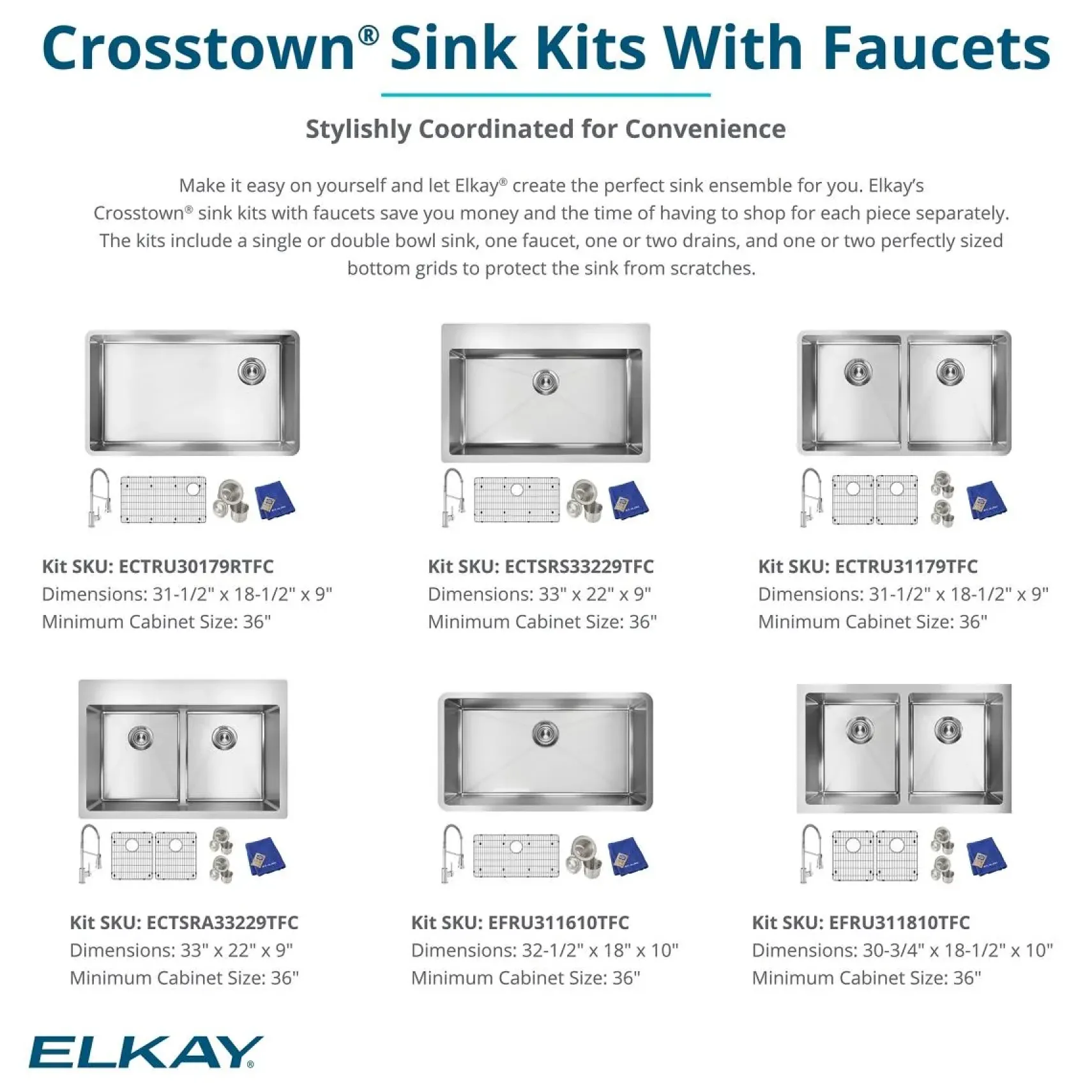 Elkay Crosstown 32" Undermount Stainless Steel Kitchen Sink Kit with Faucet, Polished Satin, 1 Faucet Hole, ECTRU30179RTFC