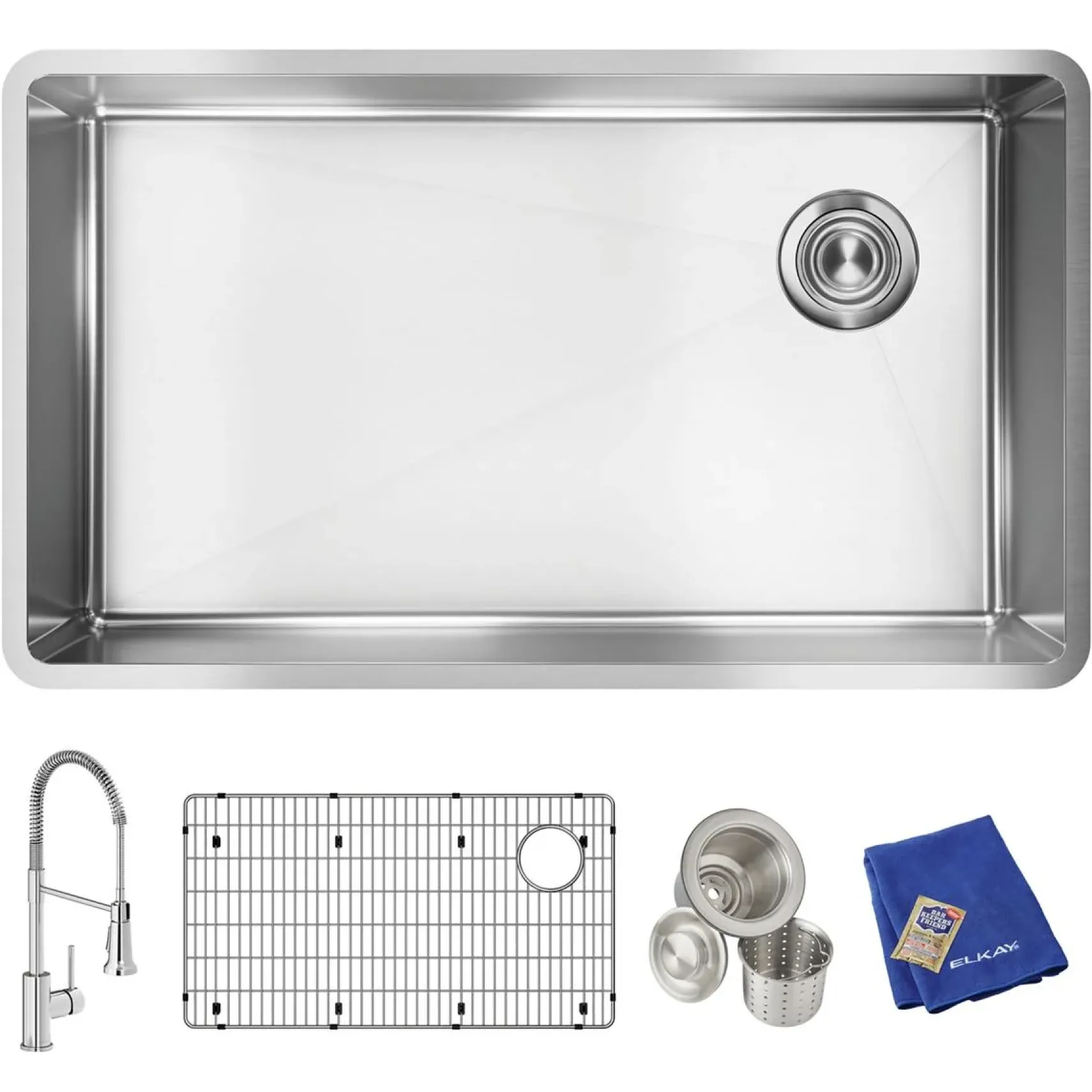 Elkay Crosstown 32" Undermount Stainless Steel Kitchen Sink Kit with Faucet, Polished Satin, 1 Faucet Hole, ECTRU30179RTFC