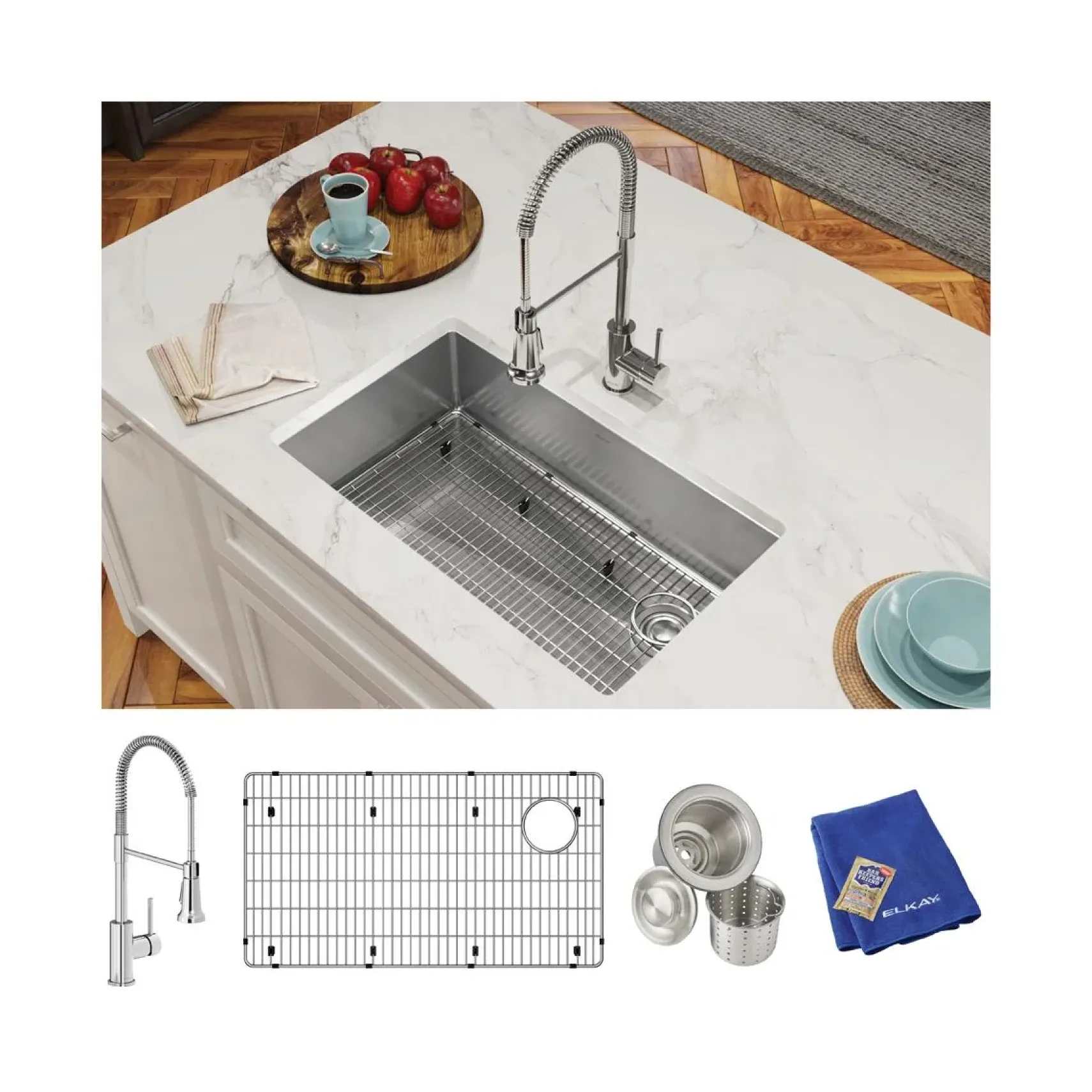 Elkay Crosstown 32" Undermount Stainless Steel Kitchen Sink Kit with Faucet, Polished Satin, 1 Faucet Hole, ECTRU30179RTFC