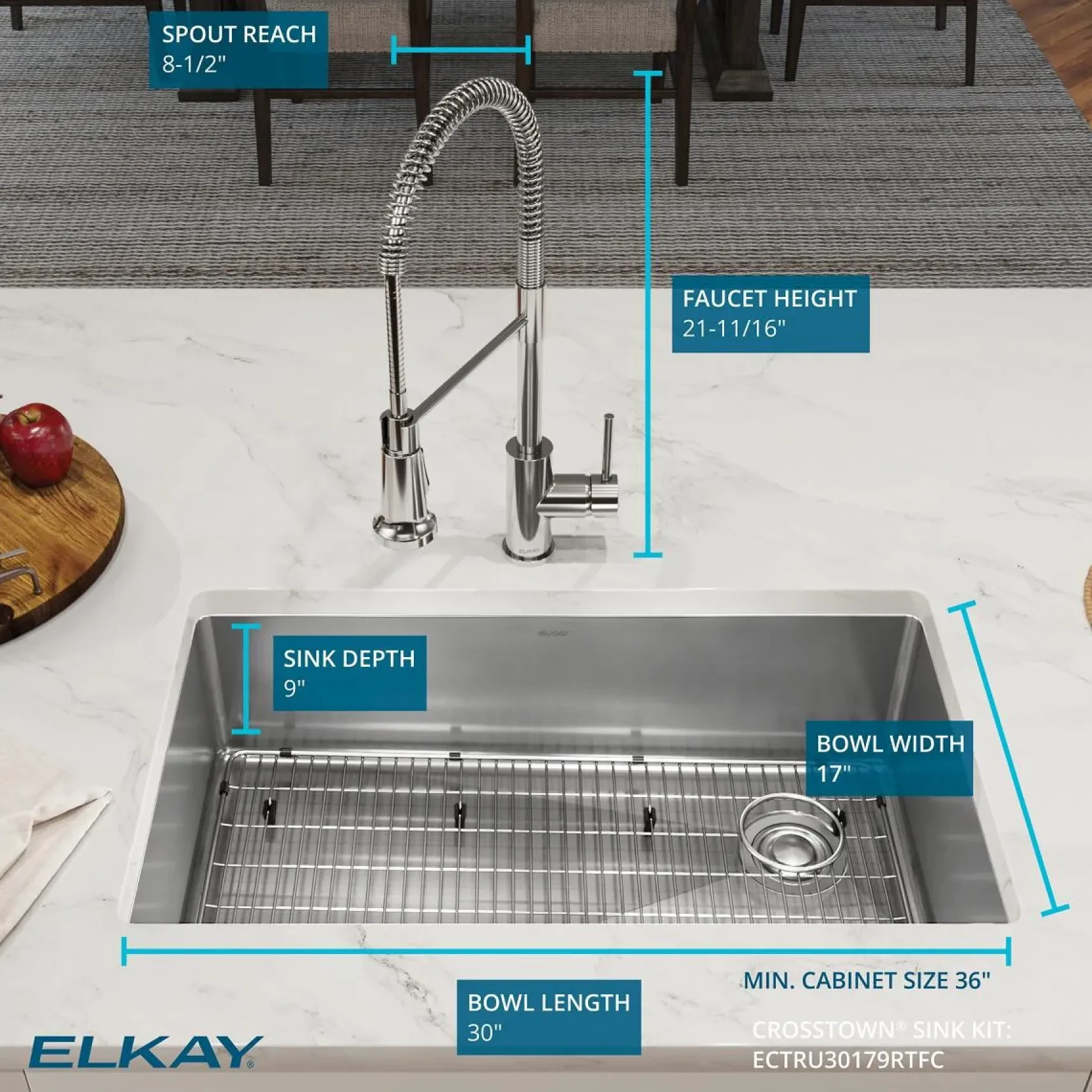 Elkay Crosstown 32" Undermount Stainless Steel Kitchen Sink Kit with Faucet, Polished Satin, 1 Faucet Hole, ECTRU30179RTFC