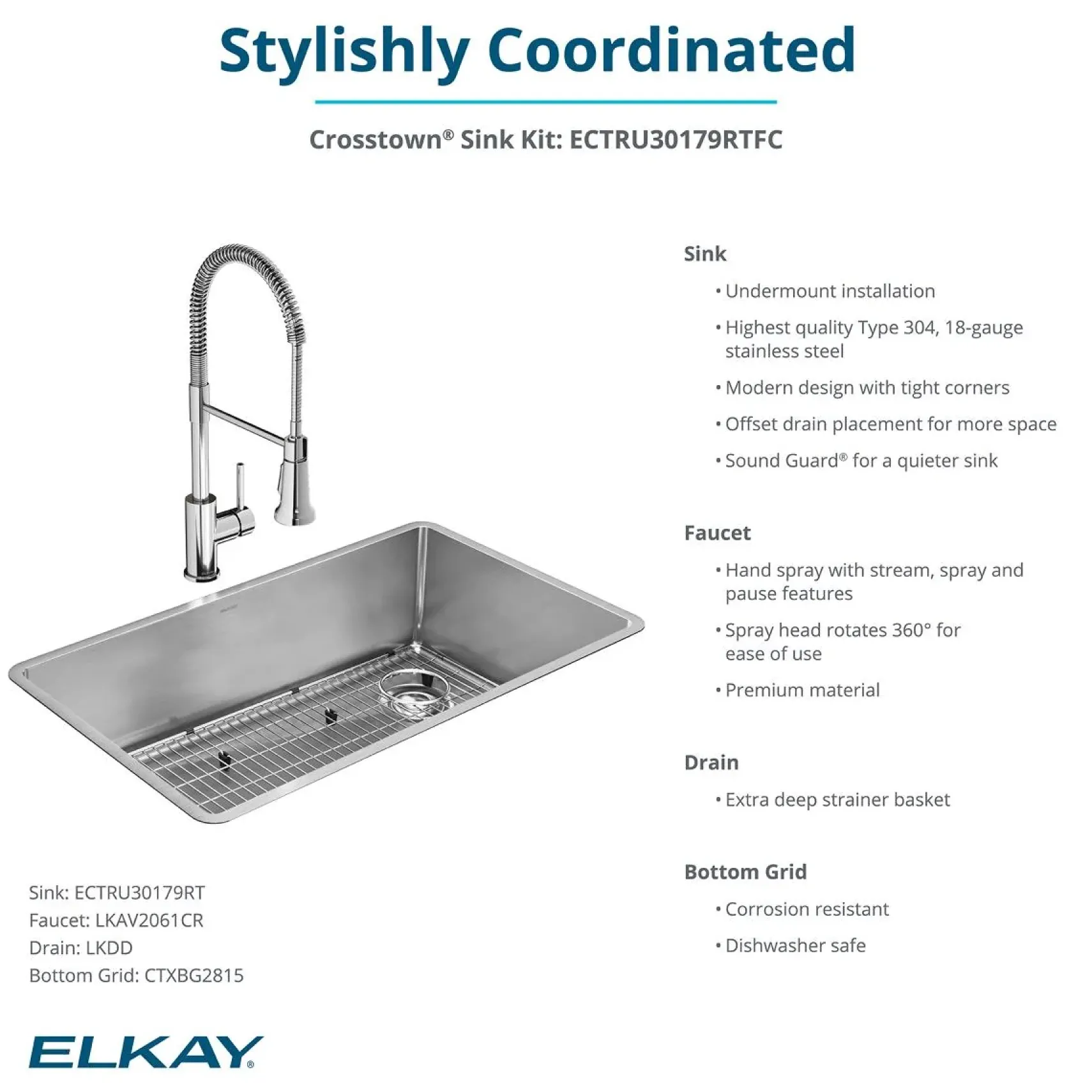 Elkay Crosstown 32" Undermount Stainless Steel Kitchen Sink Kit with Faucet, Polished Satin, 1 Faucet Hole, ECTRU30179RTFC