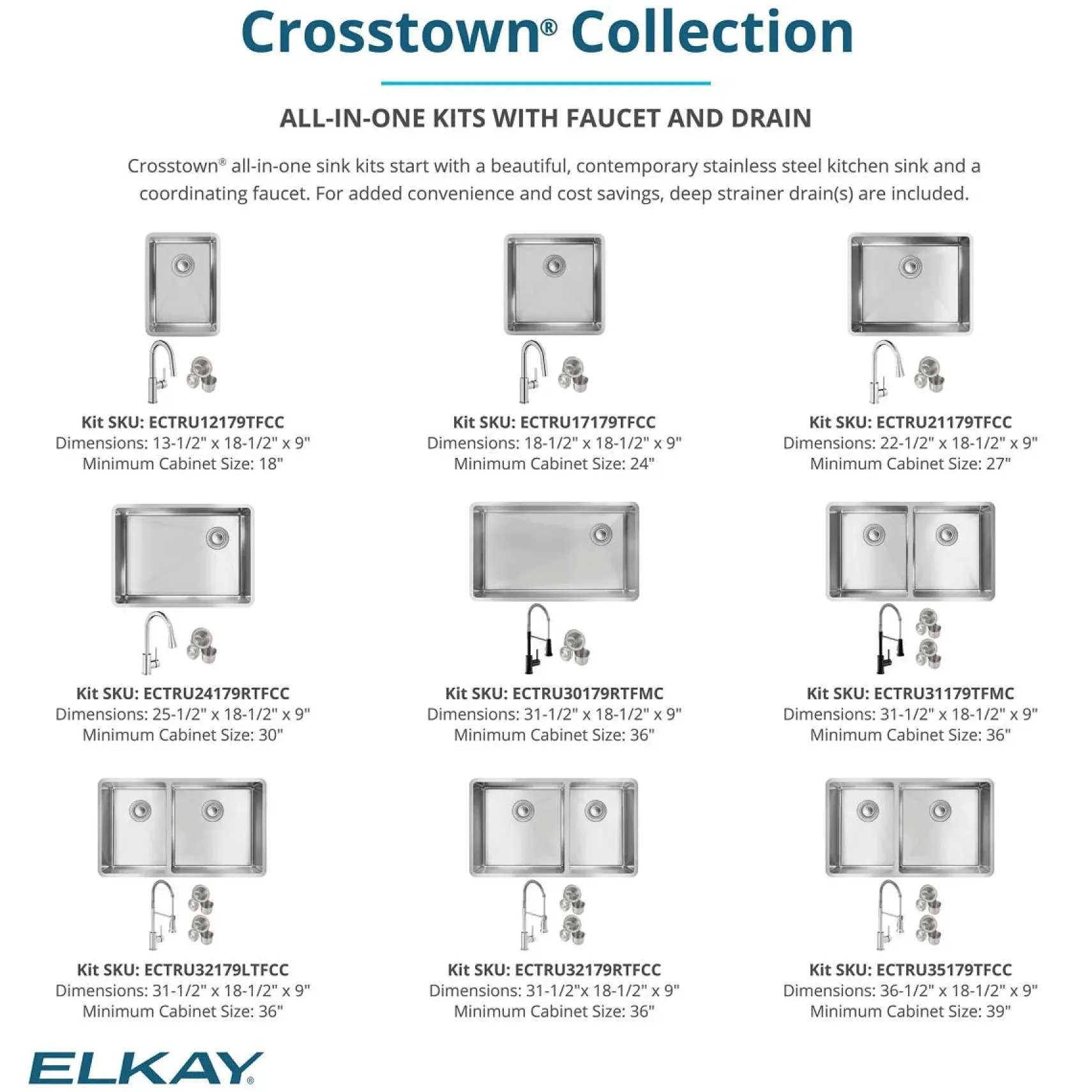 Elkay Crosstown 32" Undermount Stainless Steel Kitchen Sink with Faucet, 40/60 Double Bowl, Polished Satin, 18 Gauge, ECTRU32179LTFCC