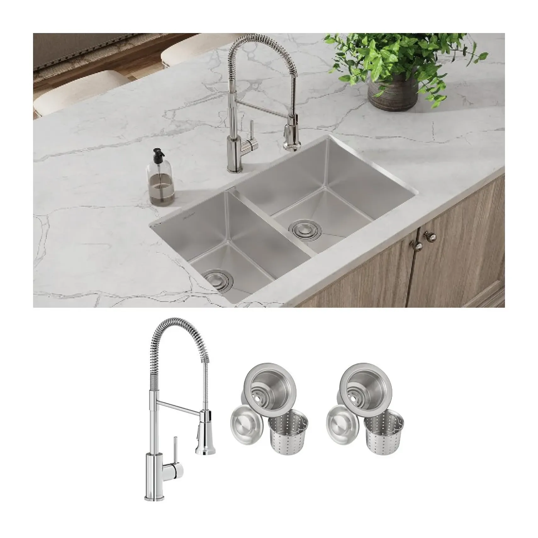 Elkay Crosstown 32" Undermount Stainless Steel Kitchen Sink with Faucet, 40/60 Double Bowl, Polished Satin, 18 Gauge, ECTRU32179LTFCC