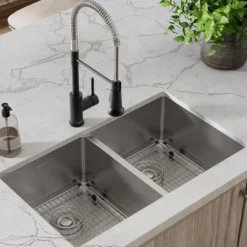 Elkay Crosstown 32" Undermount Stainless Steel Kitchen Sink with Faucet, 50/50 Double Bowl, Polished Satin, 18 Gauge, ECTRU31179TFMBC
