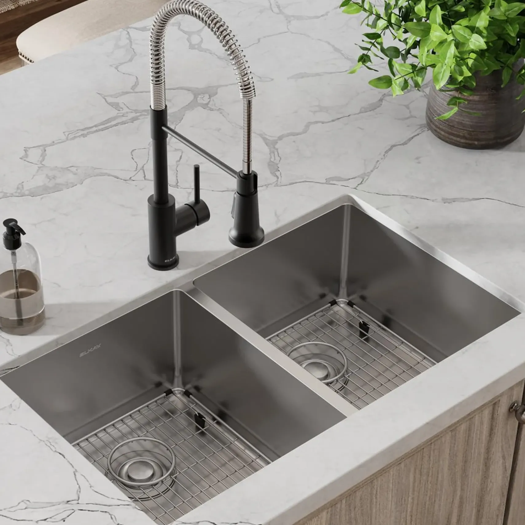 Elkay Crosstown 32" Undermount Stainless Steel Kitchen Sink with Faucet, 50/50 Double Bowl, Polished Satin, 18 Gauge, ECTRU31179TFMBC