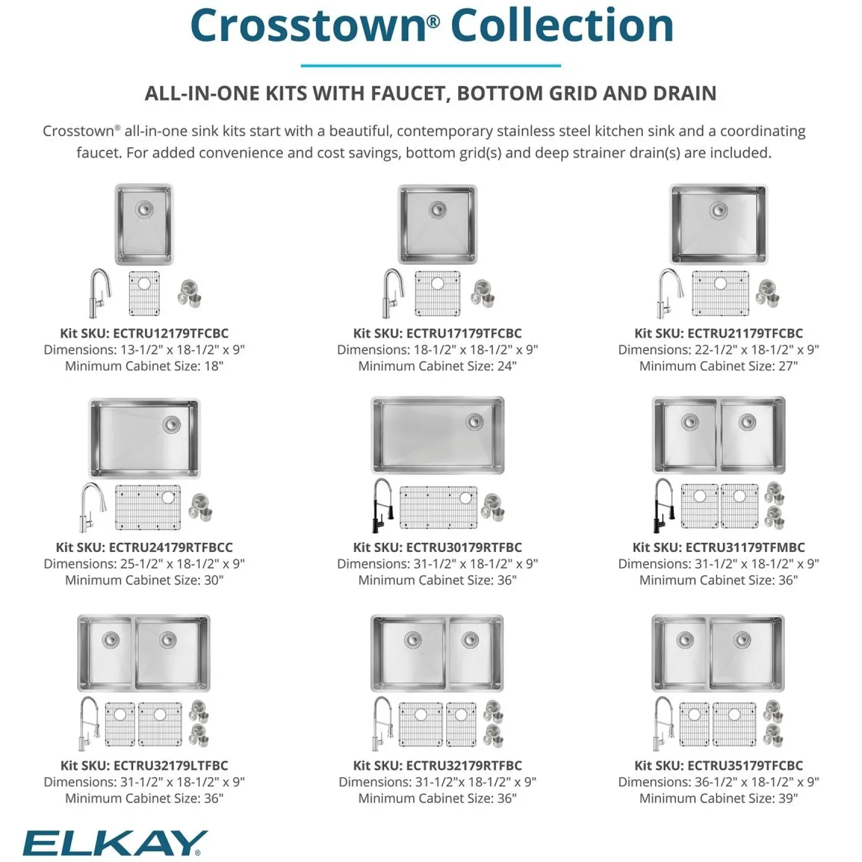 Elkay Crosstown 32" Undermount Stainless Steel Kitchen Sink with Faucet, 50/50 Double Bowl, Polished Satin, 18 Gauge, ECTRU31179TFMBC