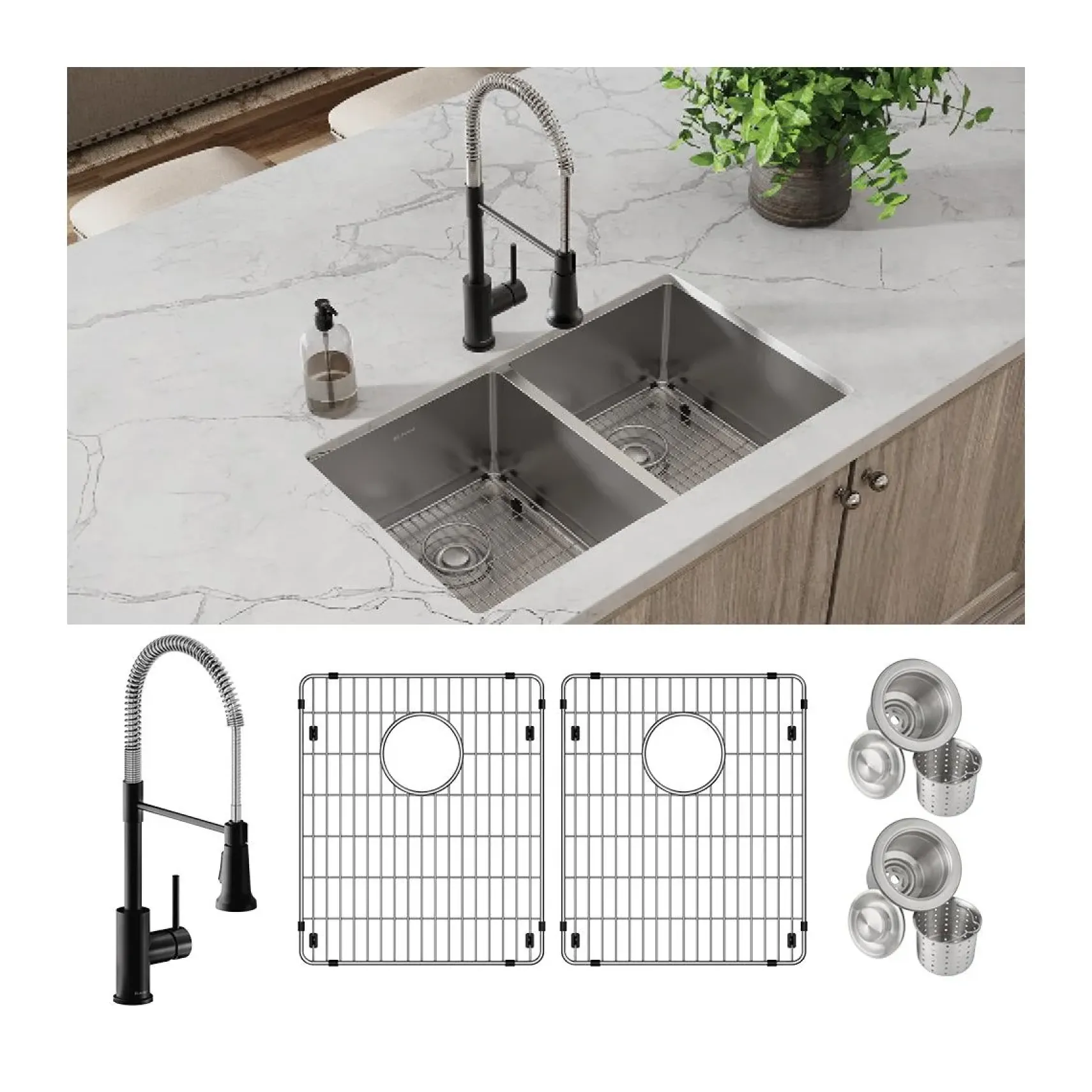 Elkay Crosstown 32" Undermount Stainless Steel Kitchen Sink with Faucet, 50/50 Double Bowl, Polished Satin, 18 Gauge, ECTRU31179TFMBC
