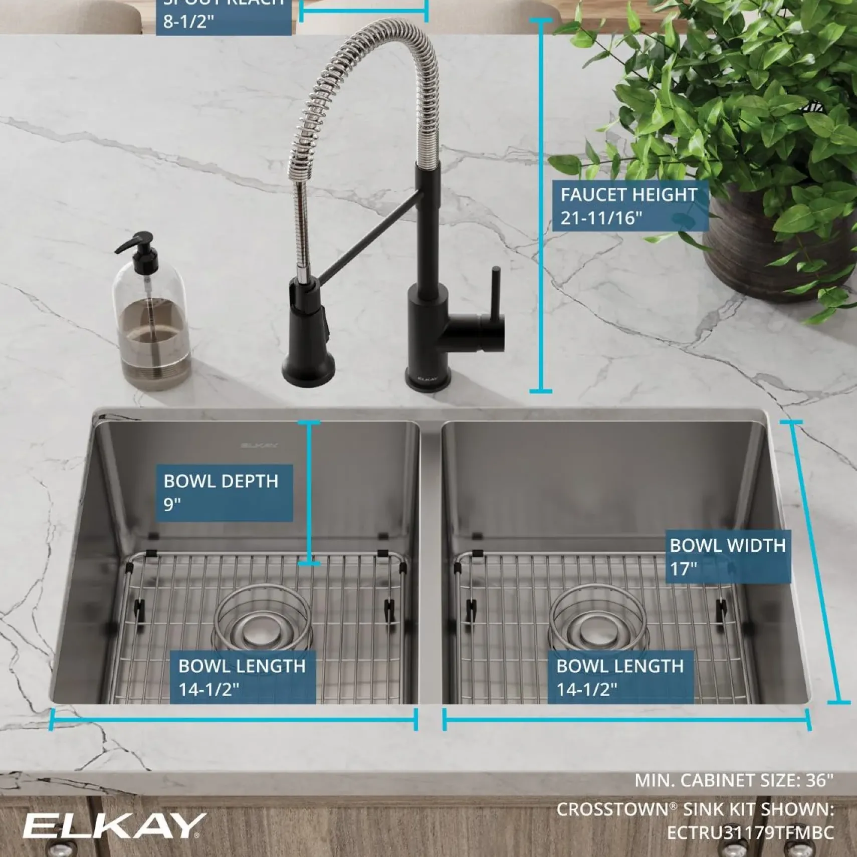 Elkay Crosstown 32" Undermount Stainless Steel Kitchen Sink with Faucet, 50/50 Double Bowl, Polished Satin, 18 Gauge, ECTRU31179TFMBC