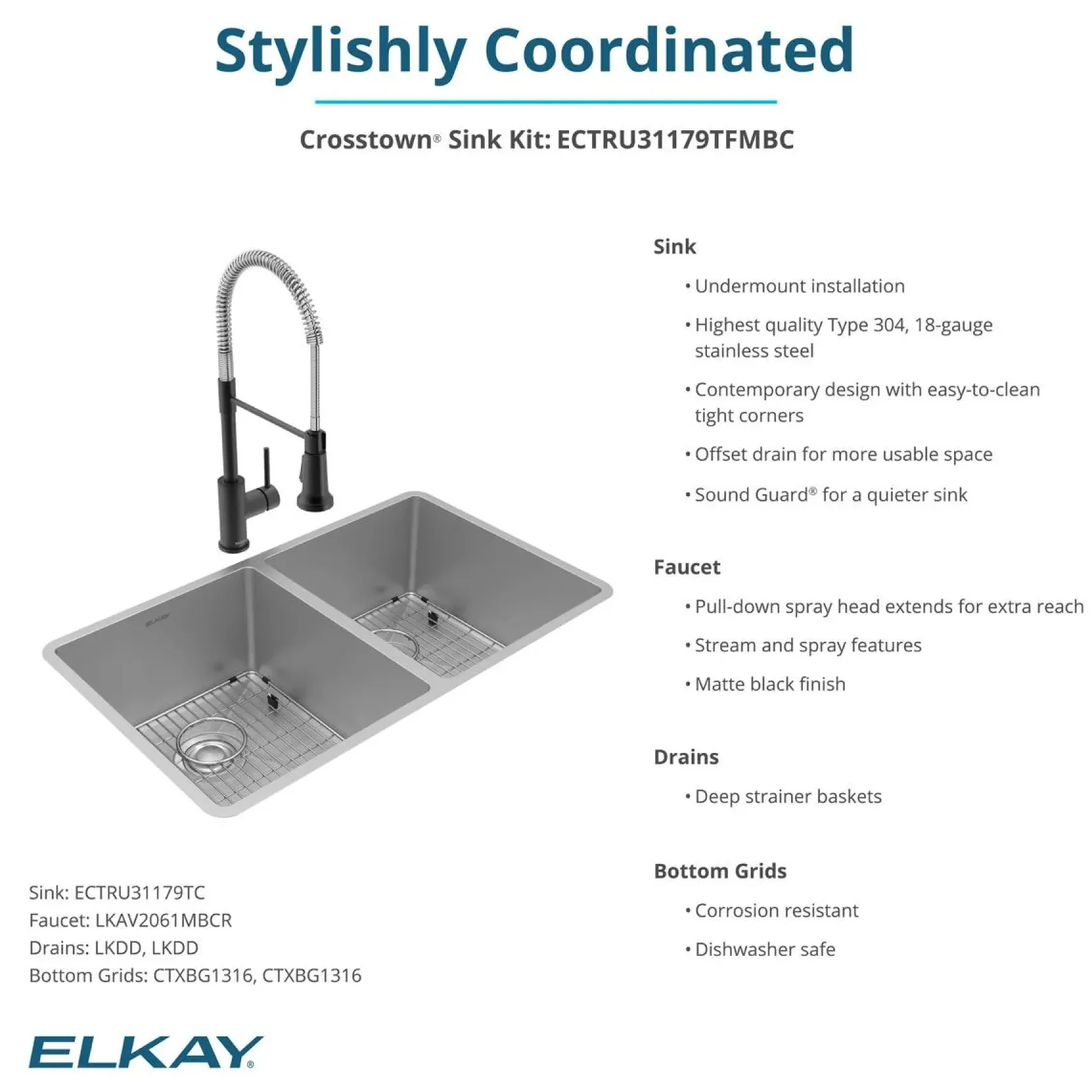 Elkay Crosstown 32" Undermount Stainless Steel Kitchen Sink with Faucet, 50/50 Double Bowl, Polished Satin, 18 Gauge, ECTRU31179TFMBC