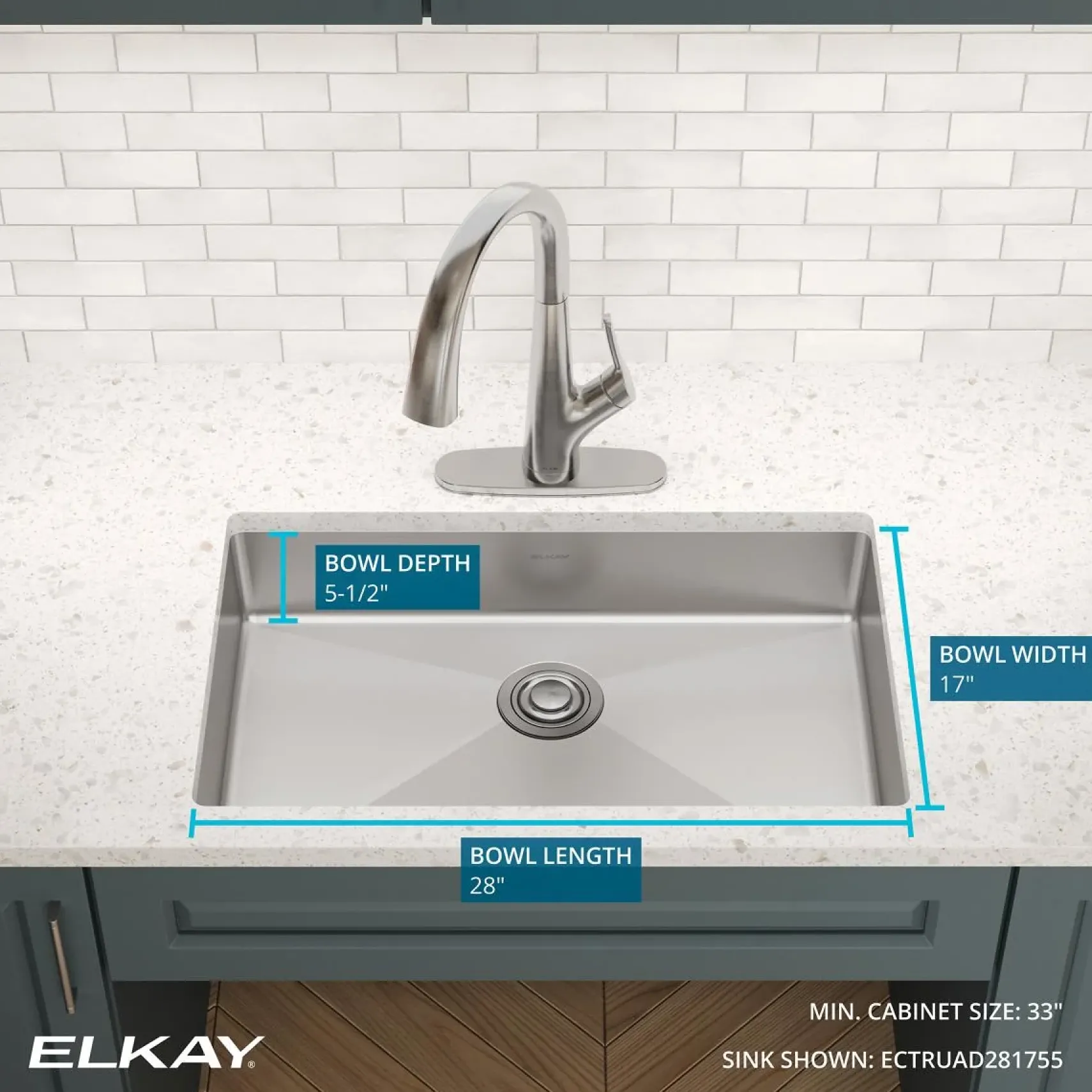 Elkay Crosstown 30" Undermount Stainless Steel ADA Kitchen Sink, Polished Satin, 18 Gauge, ECTRUAD281755
