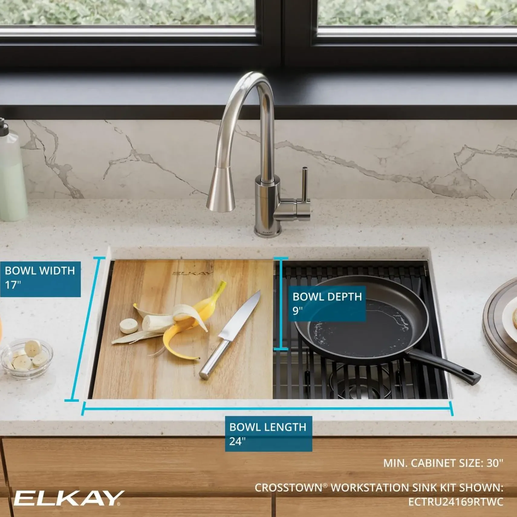 Elkay Crosstown 26" Undermount Stainless Steel Workstation Kitchen Sink Kit with Accessories, Polished Satin, 18 Gauge, ECTRU24169RTWC