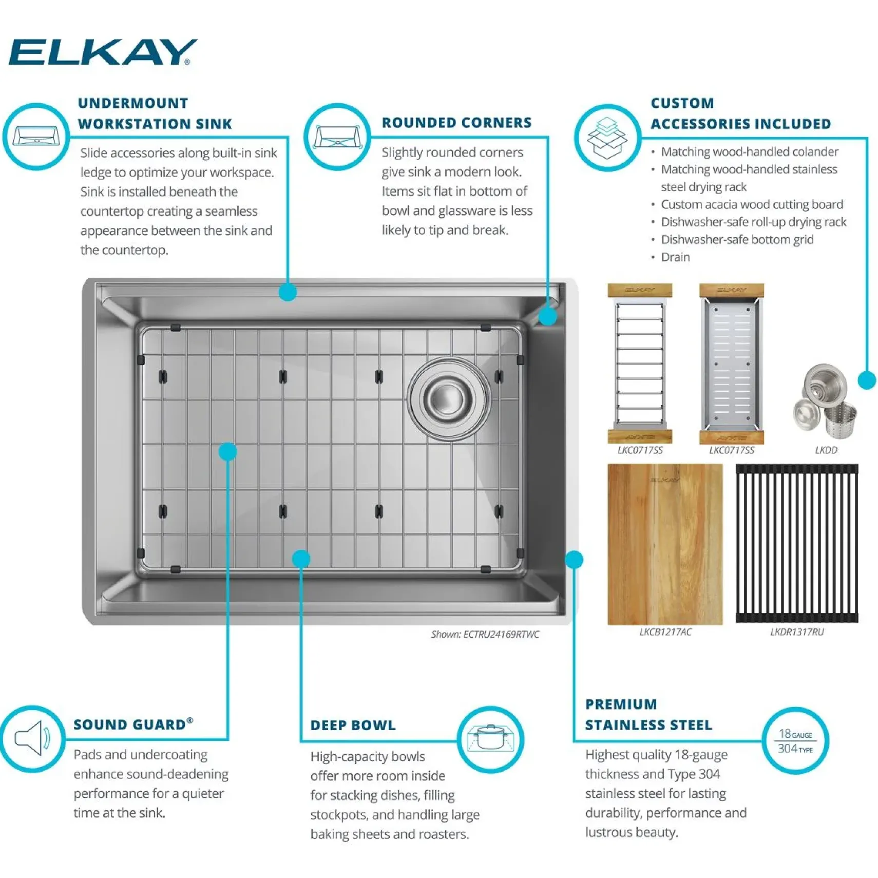 Elkay Crosstown 26" Undermount Stainless Steel Workstation Kitchen Sink Kit with Accessories, Polished Satin, 18 Gauge, ECTRU24169RTWC