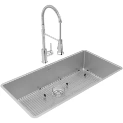 Elkay Crosstown 37" Undermount Stainless Steel Kitchen Sink with Faucet, Polished Satin, 18 Gauge, ECTRU35179TFCBC
