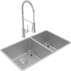 Elkay Crosstown 32" Undermount Stainless Steel Kitchen Sink with Faucet, 60/40 Double Bowl, Polished Satin, 18 Gauge, ECTRU32179RTFBC