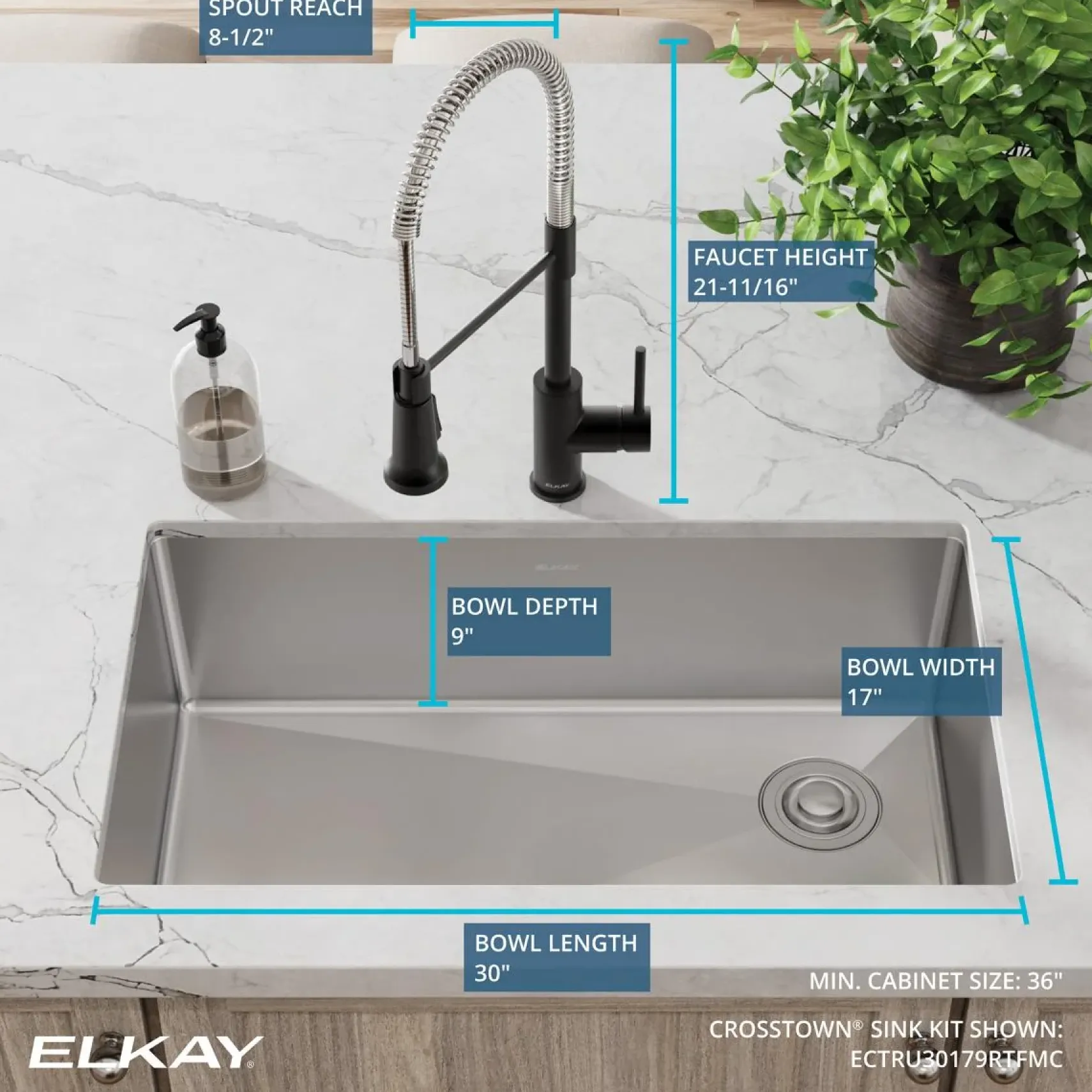 Elkay Crosstown 32" Undermount Stainless Steel Kitchen Sink with Faucet, Polished Satin, 18 Gauge, ECTRU30179RTFMC