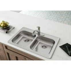 Elkay Dayton 33" Stainless Steel Kitchen Sink, 50/50 Double Bowl, Satin, 3 Faucet Hole, GE233223