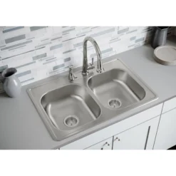 Elkay Dayton 33" Stainless Steel Kitchen Sink, 50/50 Double Bowl, Satin, 2 Faucet Hole, DD233222