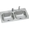 Elkay Dayton 33" Stainless Steel Kitchen Sink, 50/50 Double Bowl, Sink Kit, Satin, 4 Faucet Hole, DD233224DF