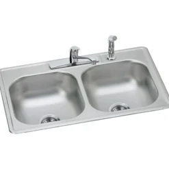 Elkay Dayton 33" Stainless Steel Kitchen Sink, 50/50 Double Bowl, Sink Kit, Satin, 4 Faucet Hole, DD233224DF
