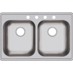 Elkay Dayton 33" Stainless Steel Kitchen Sink, 50/50 Double Bowl, Satin, 4 Faucet Hole, GE233214