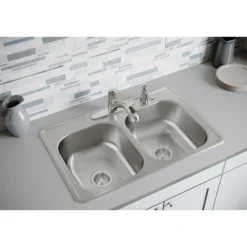 Elkay Dayton 33" Stainless Steel Kitchen Sink, 50/50 Double Bowl, 20 Gauge, Elite Satin, 4 Faucet Hole, DSE233214
