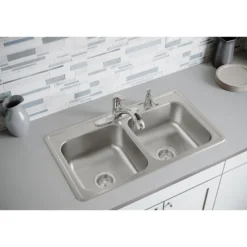Elkay Dayton 33" Stainless Steel Kitchen Sink, 50/50 Double Bowl, 20 Gauge, Elite Satin, 4 Faucet Hole, DSE233194