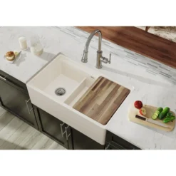 Elkay 33" Fireclay Farmhouse Kitchen Sink, 40/60 Double Bowl, Biscuit, SWUF3320BI