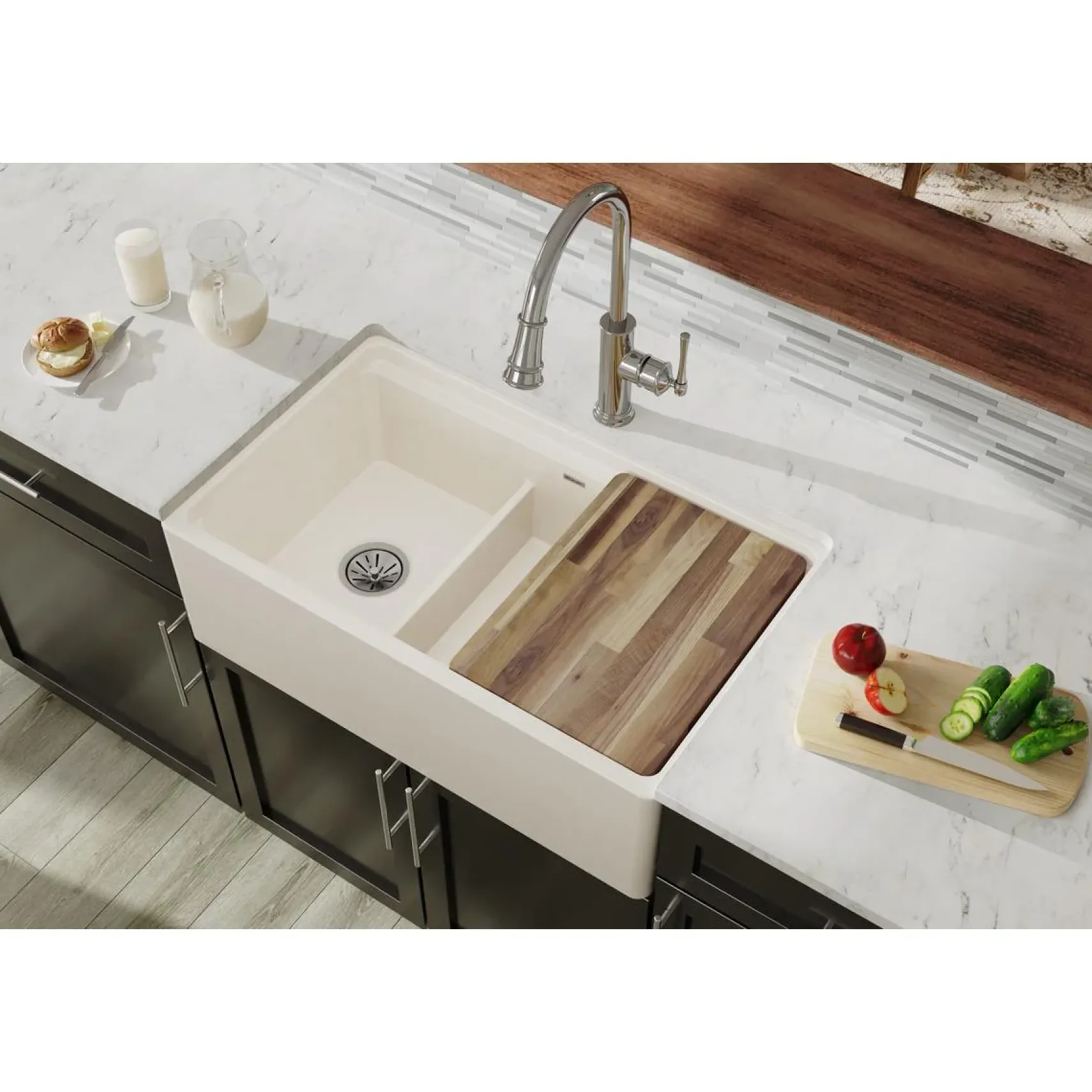 Elkay 33" Fireclay Farmhouse Kitchen Sink, 40/60 Double Bowl, Biscuit, SWUF3320BI