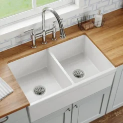 Elkay 33" Fireclay Farmhouse Kitchen Sink, 50/50 Double Bowl, White, SWUF32189WH