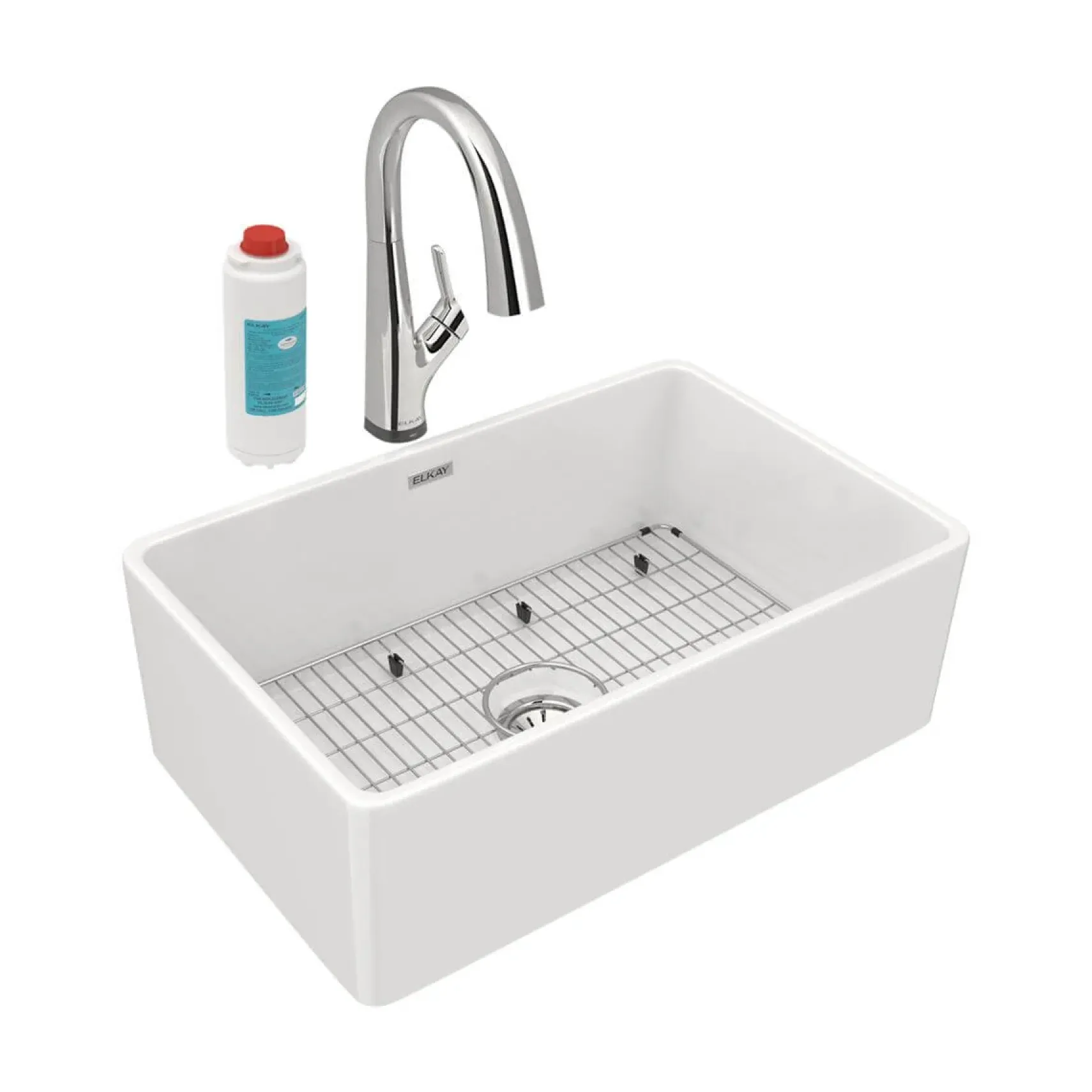 Elkay 30" Fireclay Farmhouse Sink Kit with Faucet, Single Bowl White, SWUF28179WHFLC