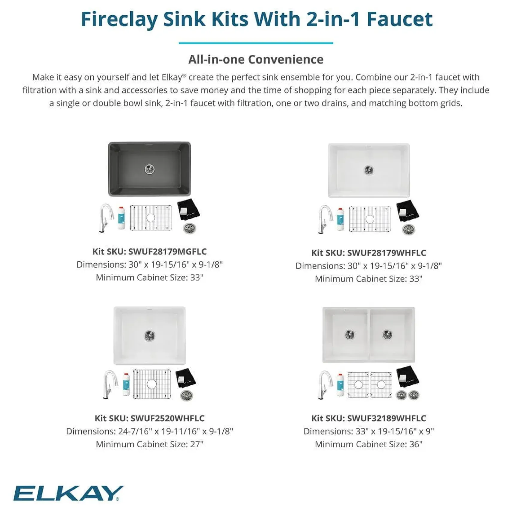 Elkay 30" Fireclay Farmhouse Sink Kit with Faucet, Single Bowl White, SWUF28179WHFLC