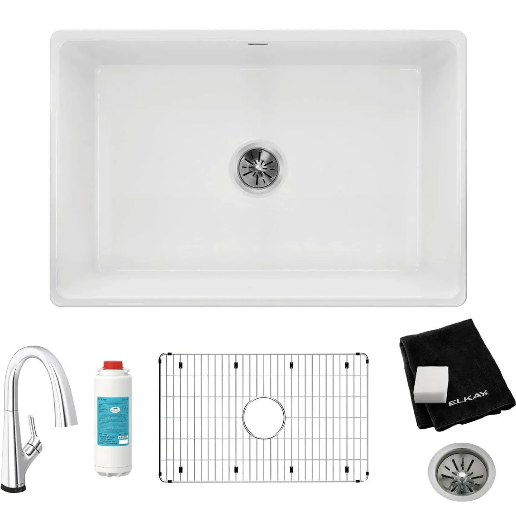 Elkay 30" Fireclay Farmhouse Sink Kit with Faucet, Single Bowl White, SWUF28179WHFLC