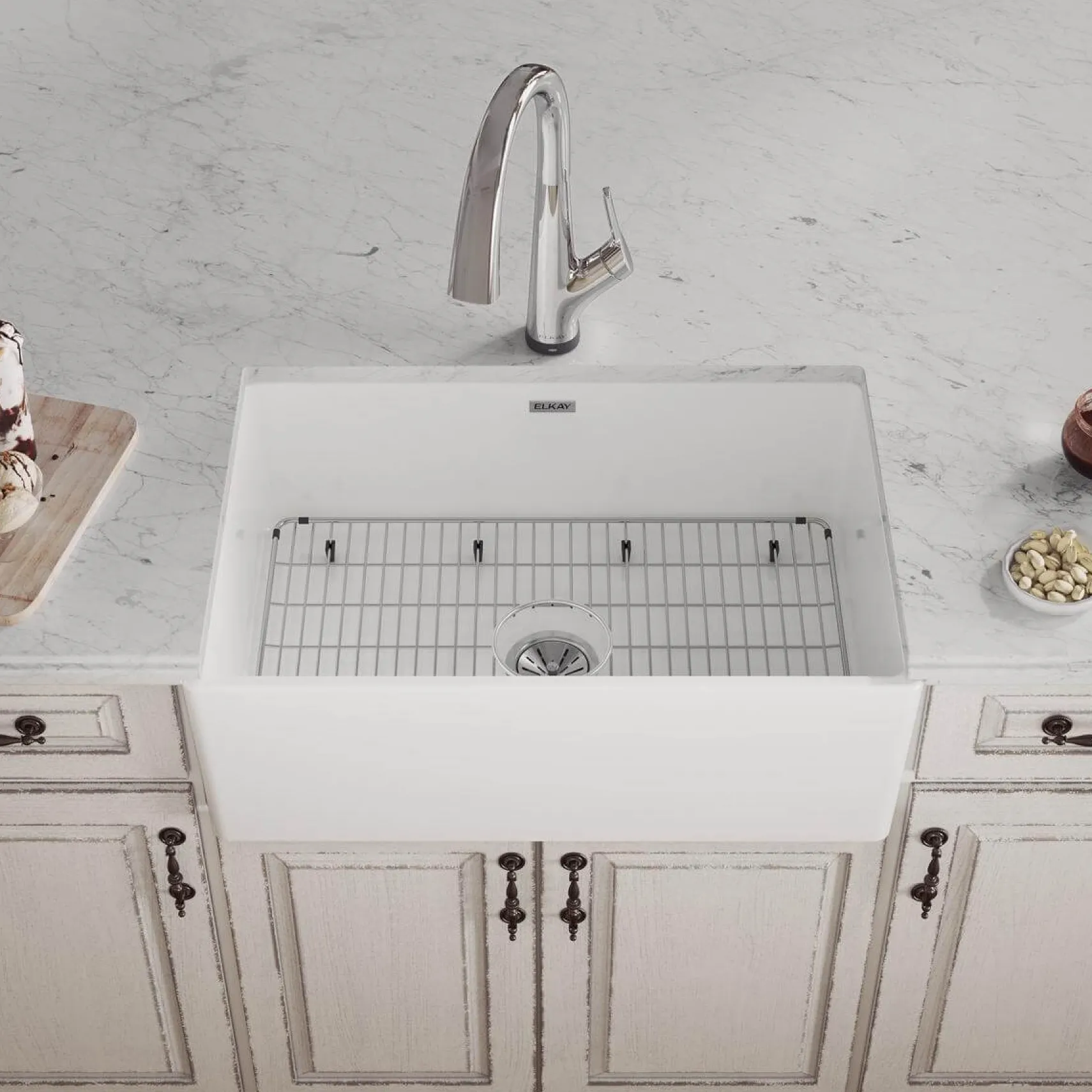 Elkay 30" Fireclay Farmhouse Sink Kit with Faucet, Single Bowl White, SWUF28179WHFLC