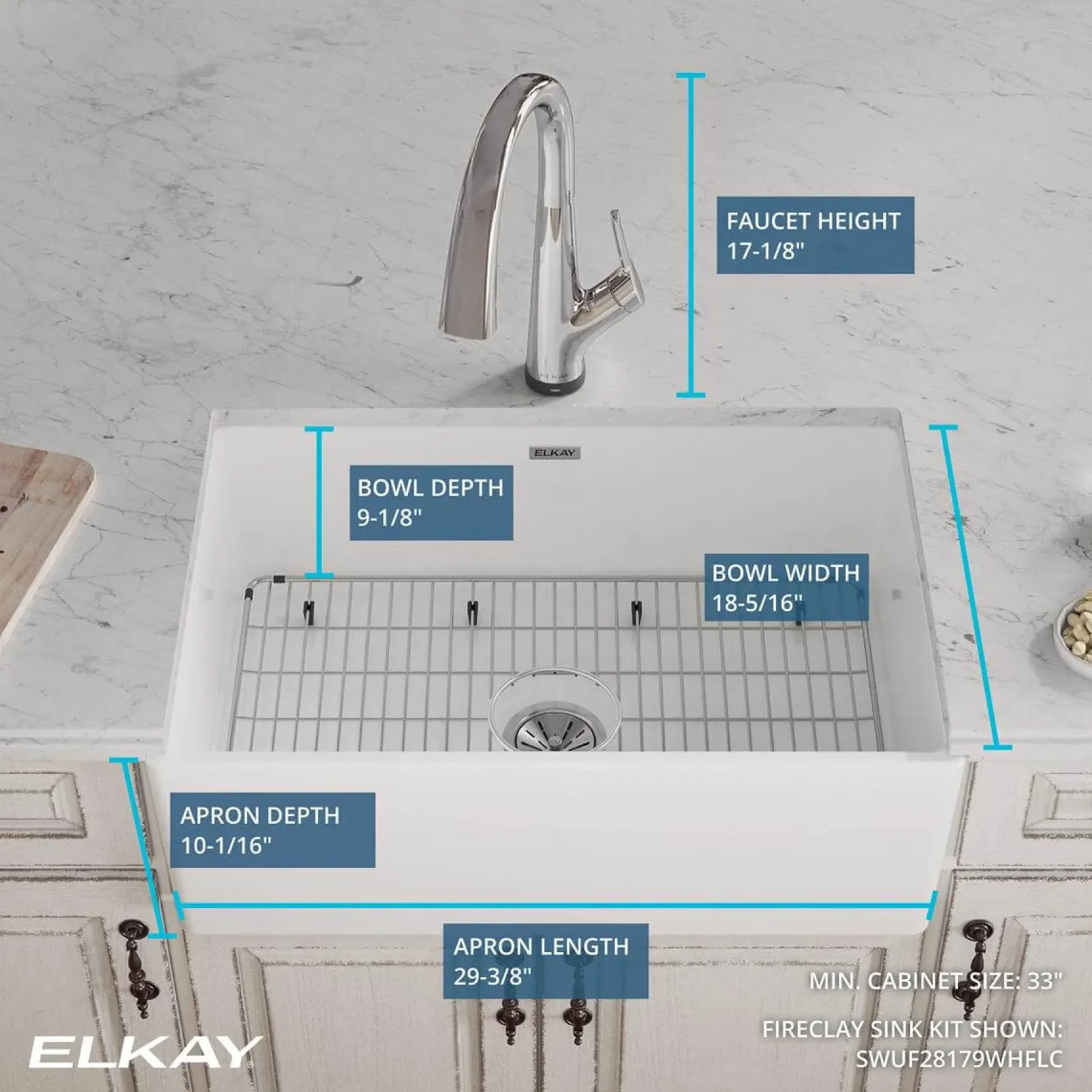 Elkay 30" Fireclay Farmhouse Sink Kit with Faucet, Single Bowl White, SWUF28179WHFLC