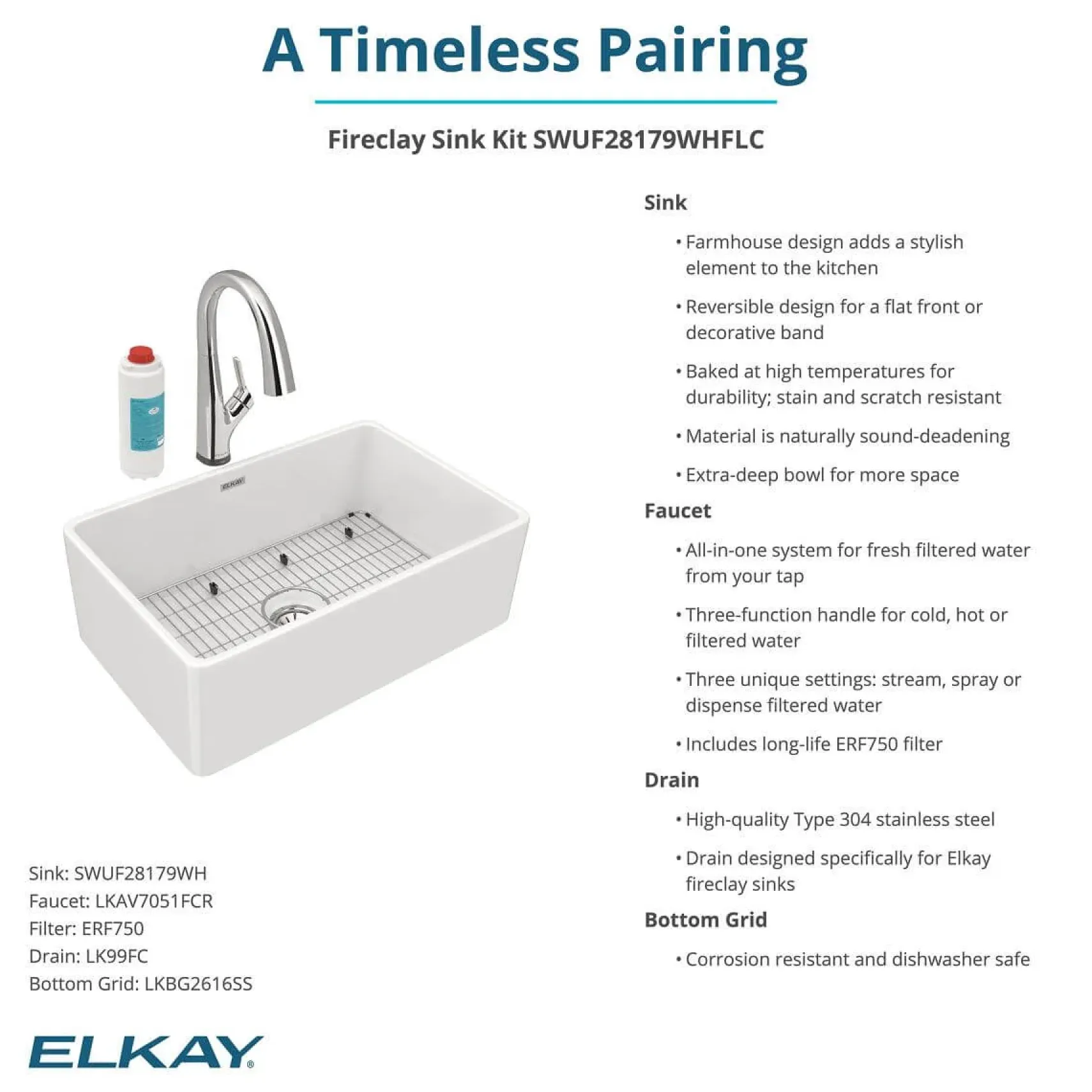 Elkay 30" Fireclay Farmhouse Sink Kit with Faucet, Single Bowl White, SWUF28179WHFLC
