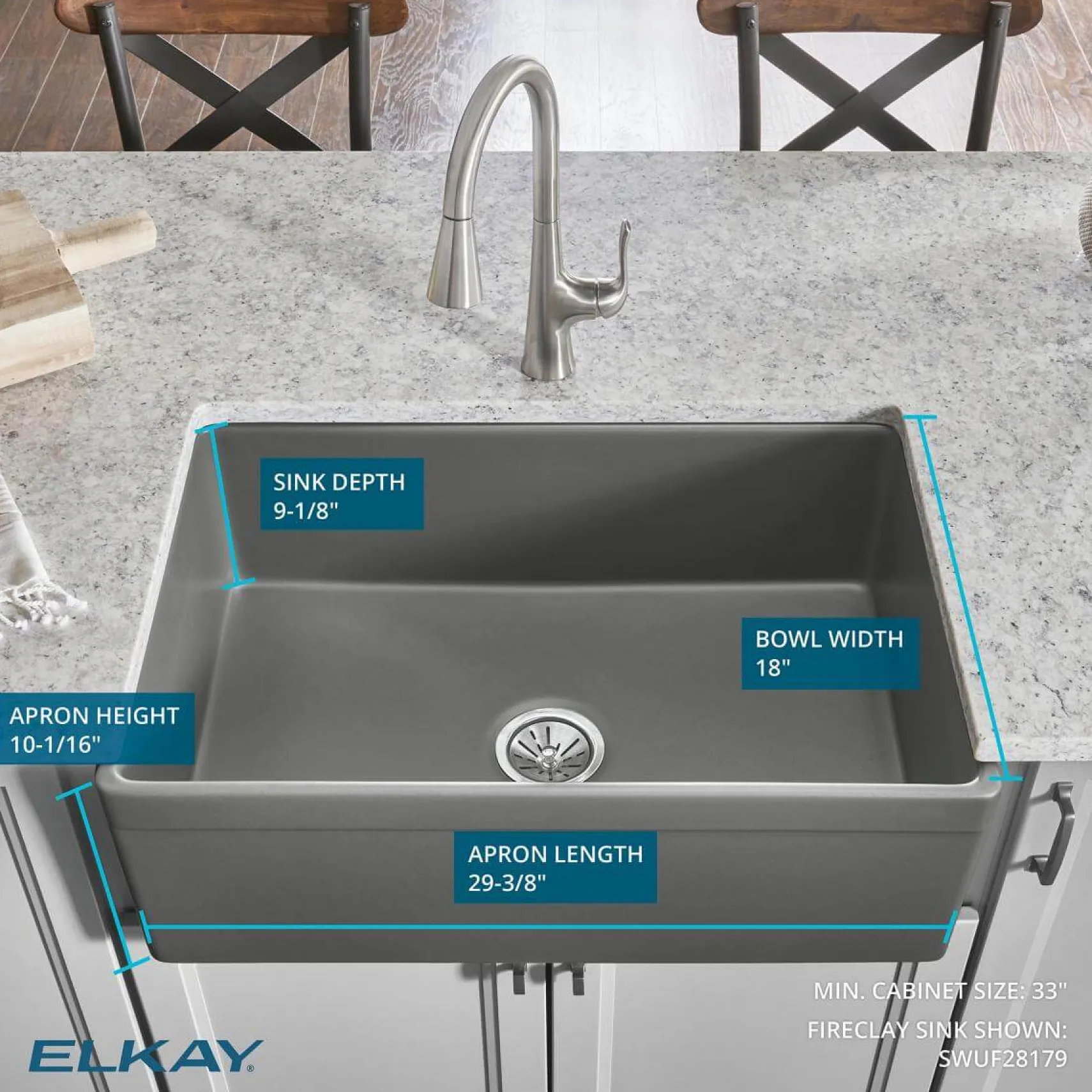Elkay 30" Fireclay Farmhouse Sink, Matte Gray, SWUF28179MG