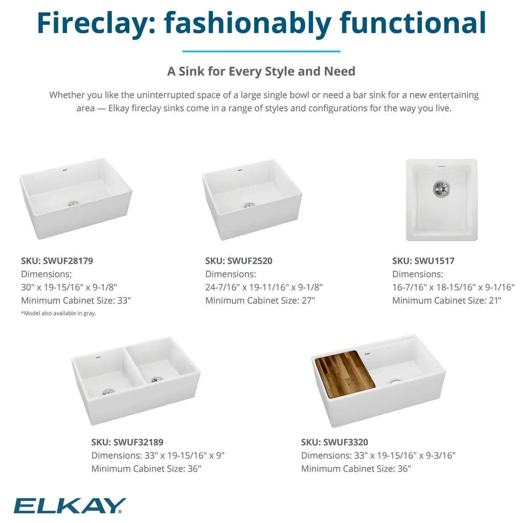 Elkay 30" Fireclay Farmhouse Sink, Matte Gray, SWUF28179MG