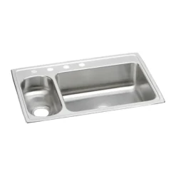 Elkay Lustertone Classic 33" Drop In/Topmount Stainless Steel Kitchen Sink, 30/70 Double Bowl, Lustrous Satin, 4 Faucet Holes, LMR33224
