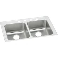 Elkay Lustertone Classic 33" Drop In/Topmount Stainless Steel ADA Kitchen Sink, 50/50 Double Bowl, Lustrous Satin, 4 Faucet Holes, LRAD3319654